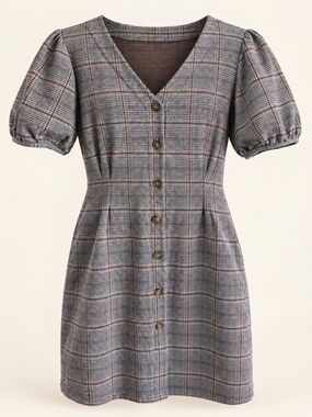 LOFT Plaid V-Neck Puff Sleeve Mini Dress in Gray and Brown